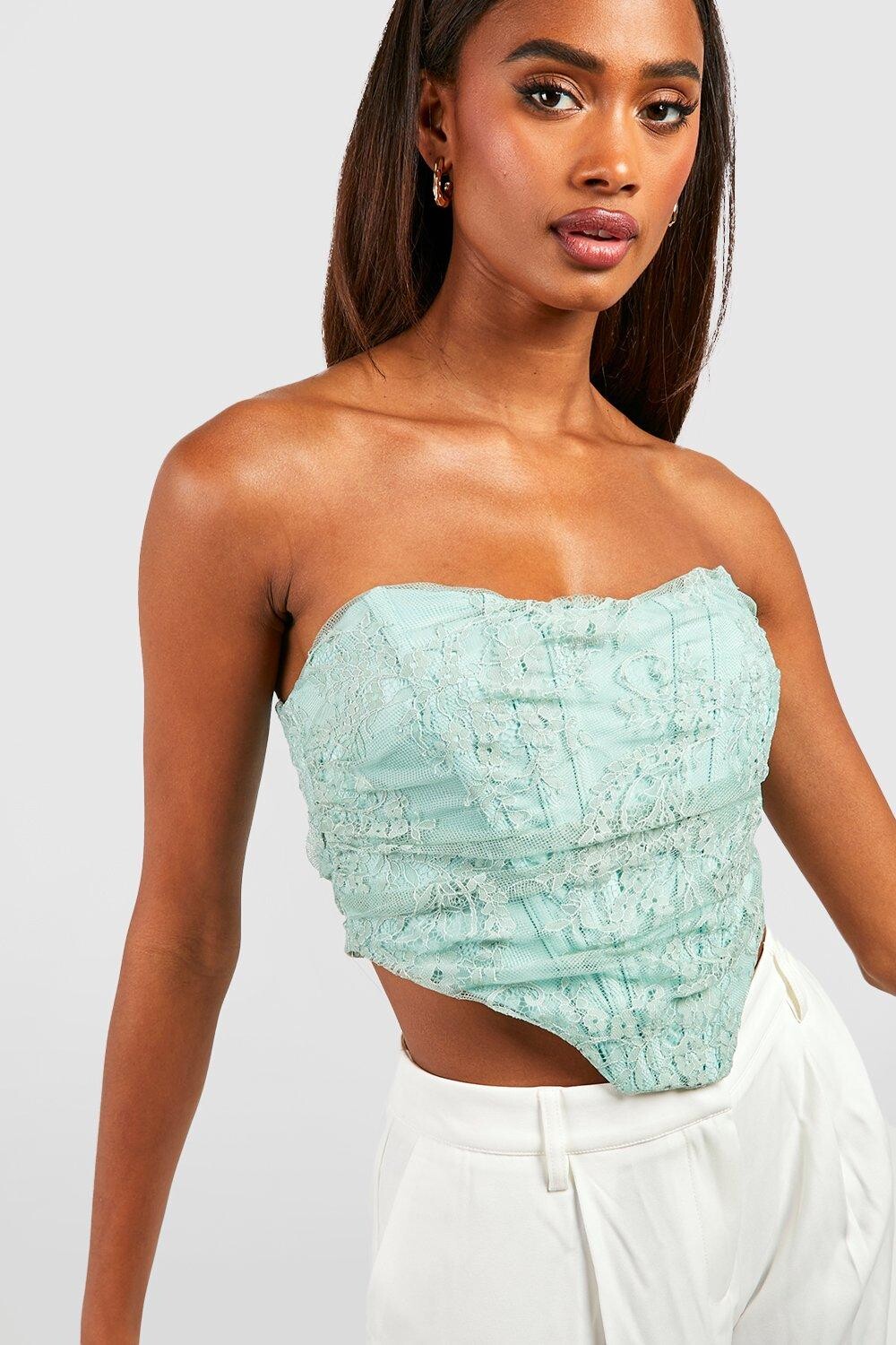 

Кружевной корсетный топ со сборками Boohoo, шалфей