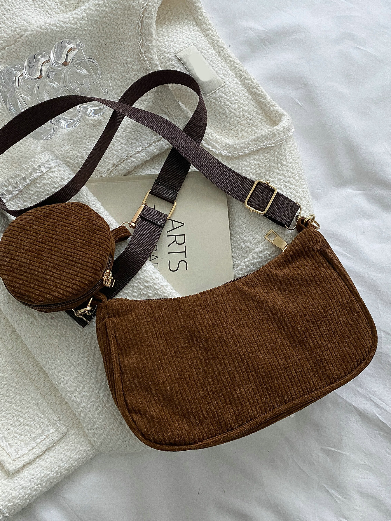Мини-вельветовая сумка-хобо с портмоне для монет, шоколадно-коричневый