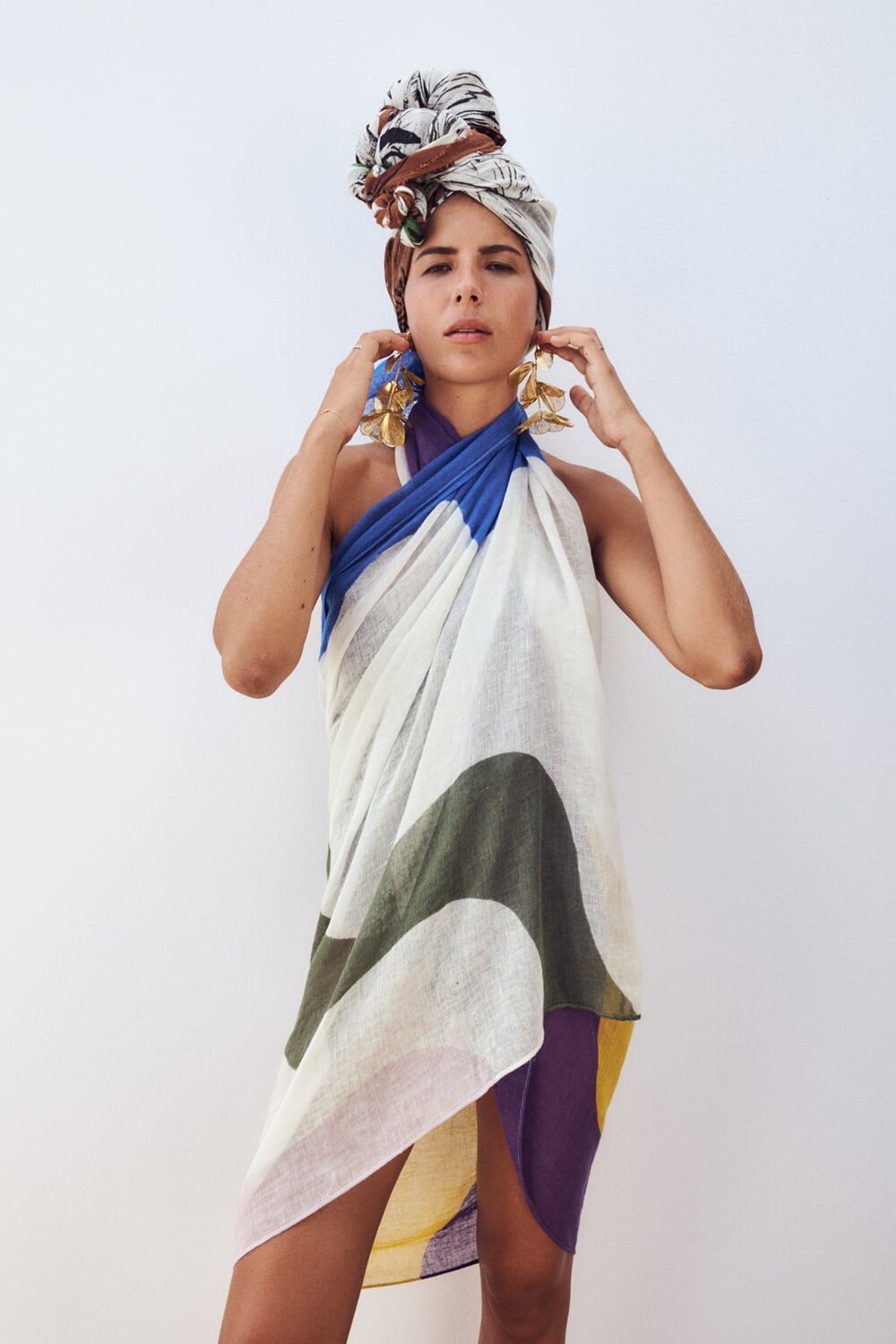 

Платье из смешанного льна color block ZARA, разноцветный