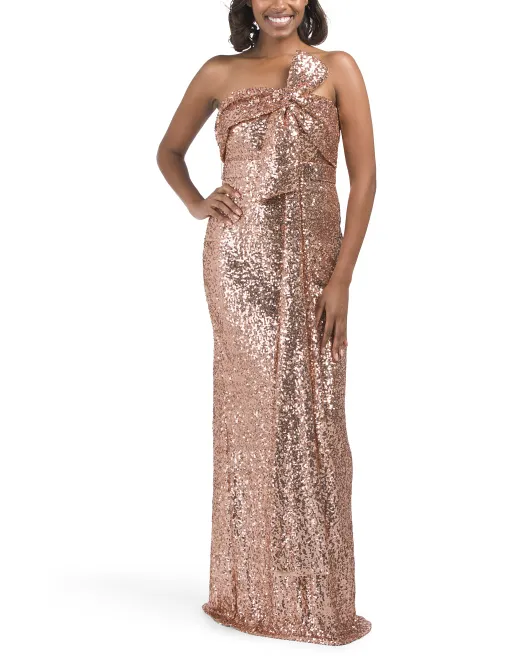 

Платье без бретелек с пайетками и бантом Badgley Mischka, цвет Rose Gold