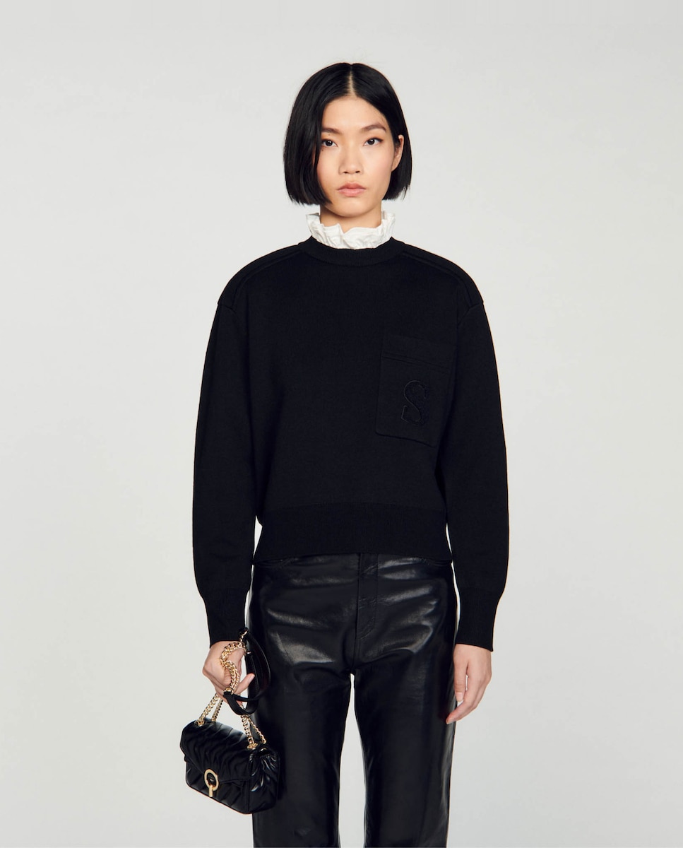 Женский свитер с контрастной рюшей на шее Sandro, черный джемпер cepheya длинный рукав вязаный размер 46 48 бордовый