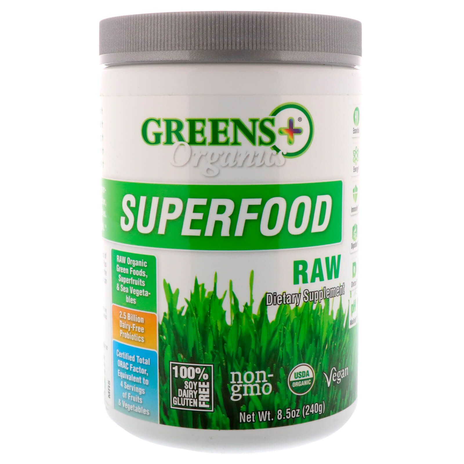 цена Greens Plus Organics Superfood Необработанный продукт 8,5 унц. (240 г)