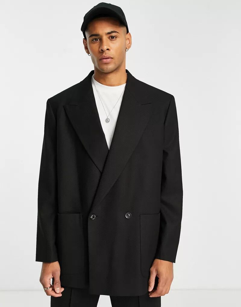 Черный двубортный пиджак свободного кроя из твила свободного кроя Topman