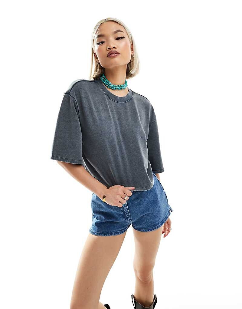 Серая укороченная футболка свободного кроя с короткими рукавами Monki