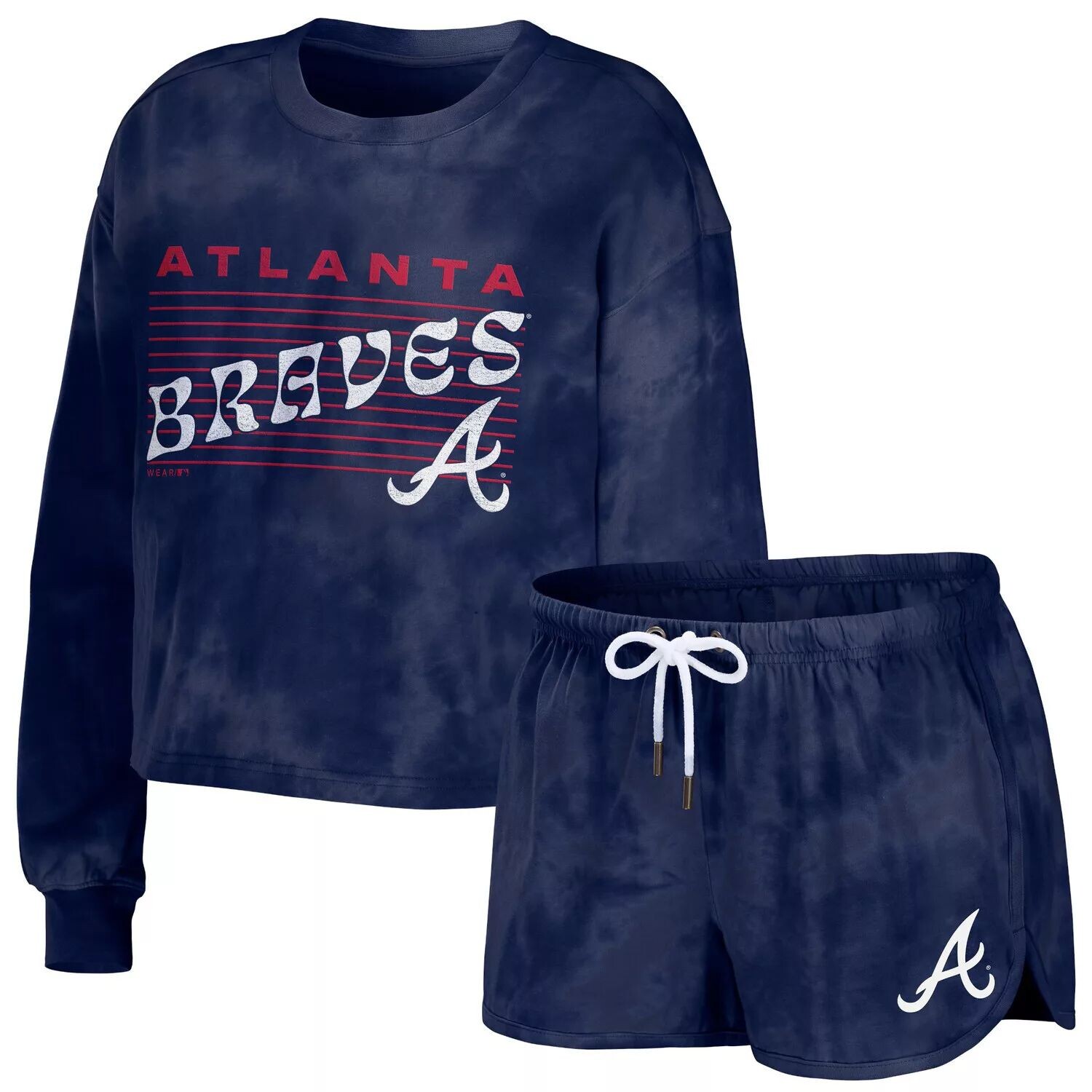 

Женская одежда от Erin Andrews Темно-синий комплект для отдыха Atlanta Braves с укороченным пуловером и шортами с принтом тай-дай