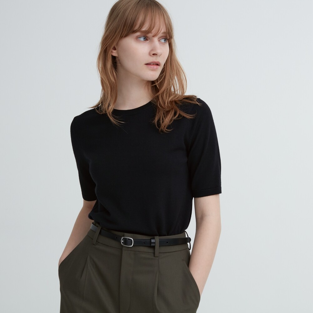 

Свитер Uniqlo камвольный из мериносовой шерсти с круглым вырезом, черный
