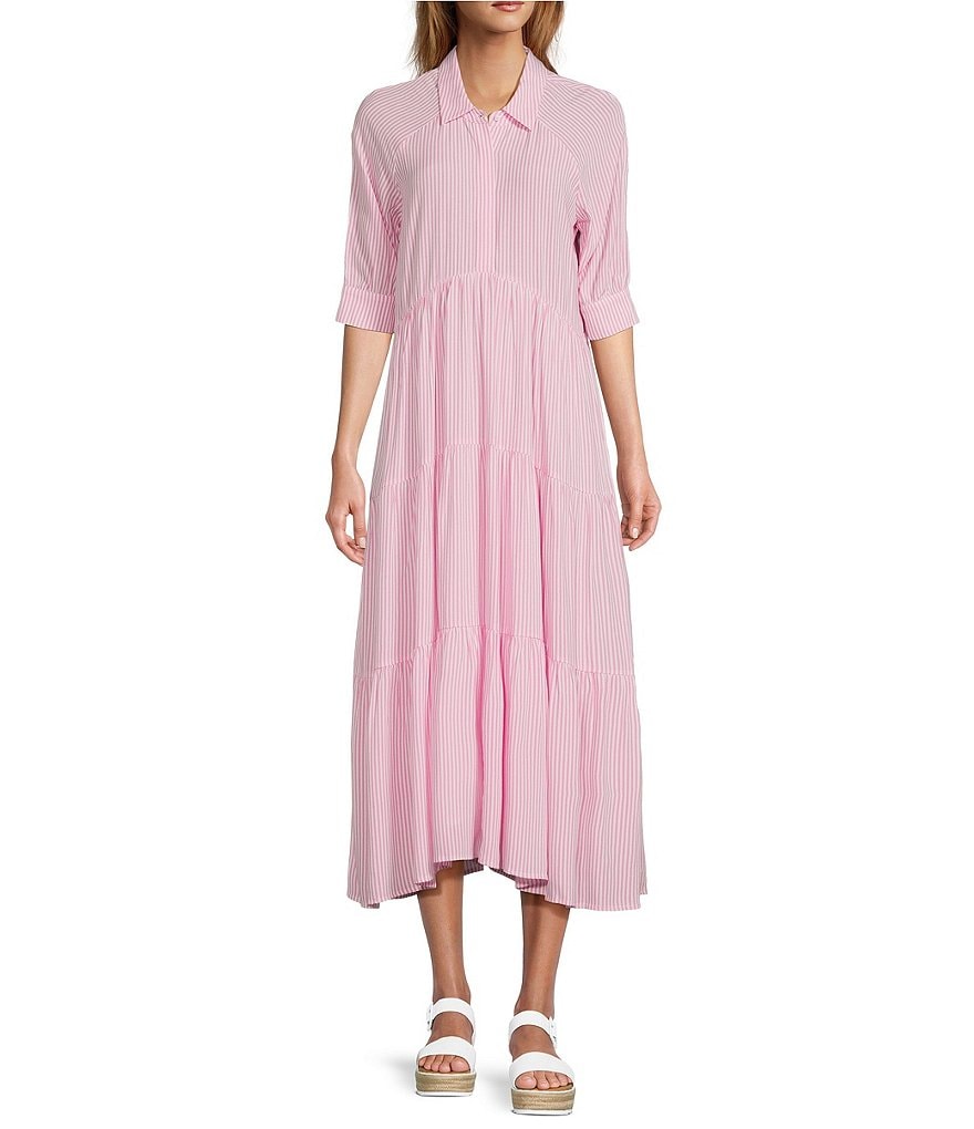 Платье-рубашка миди с воротником на пуговицах и принтом в тонкую полоску 3/4, рукавами-манжетами, многоуровневое платье-рубашка без талии A Loves A, розовый