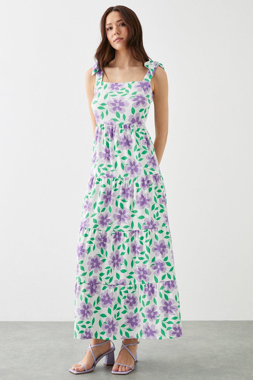 Большое сиреневое многоярусное платье макси с завязками на плечах и цветочным принтом Dorothy Perkins, фиолетовый