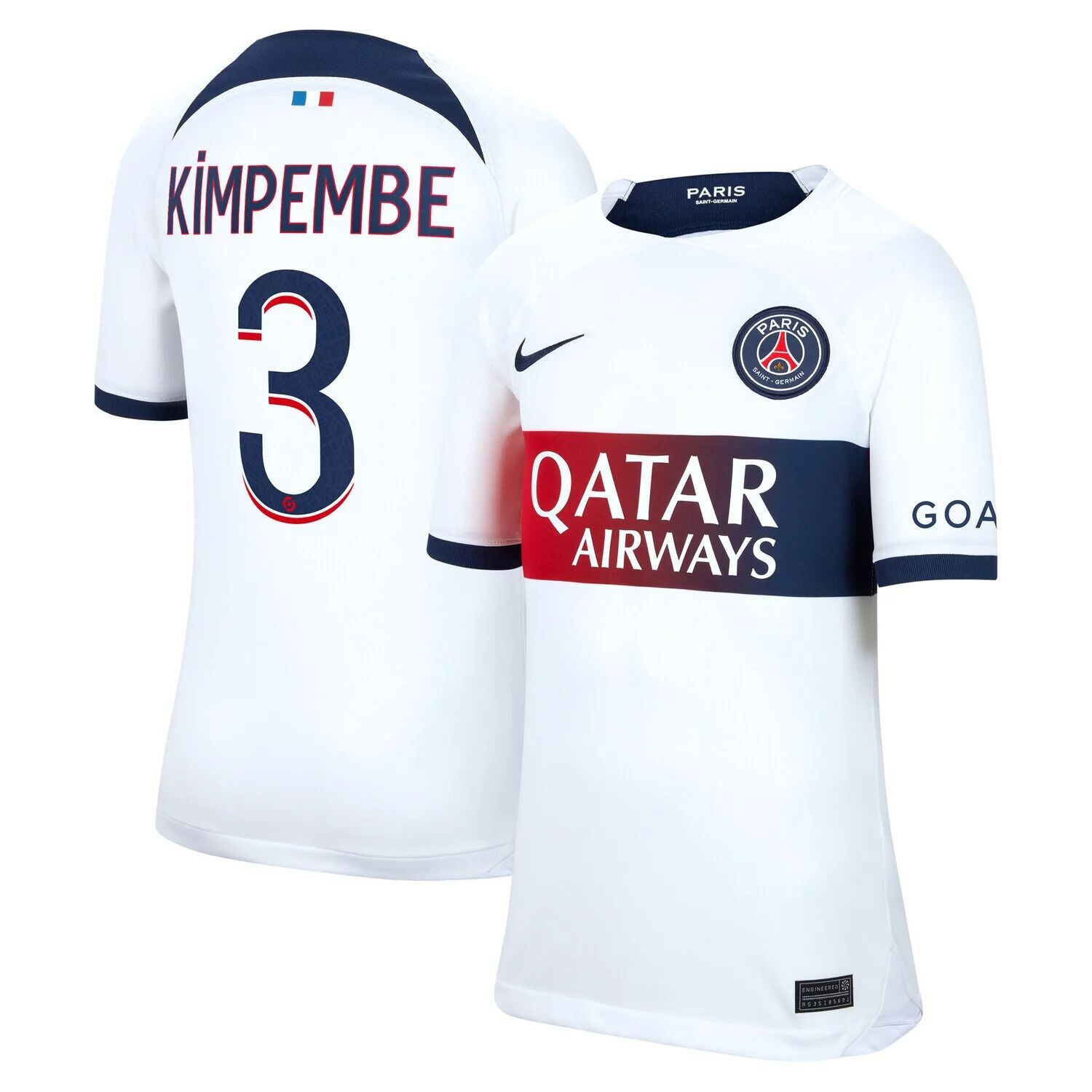 

Молодежная футболка Nike Presnel Kimpembe White Paris Saint-Germain 2023/24, реплика игрока на выездном стадионе Nike