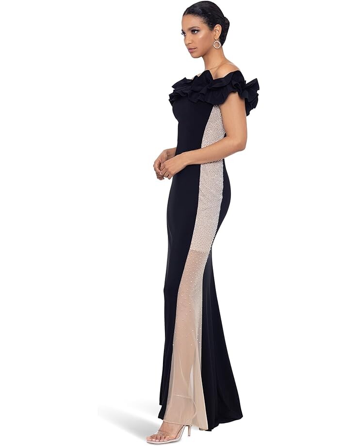 

Платье XSCAPE Long Ity Ruffle Mesh Side, цвет Black/Nude/Silver