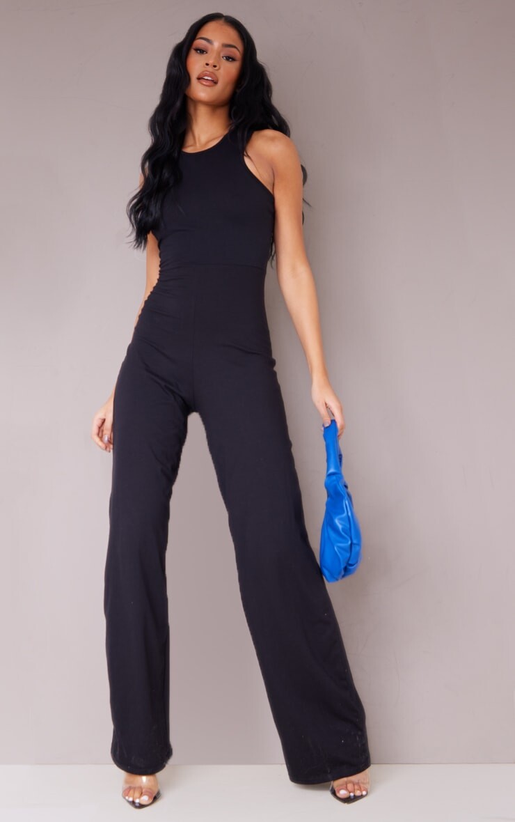 

PrettyLittleThing Высокий черный хлопковый комбинезон с широкими штанинами и воротником-борцовкой