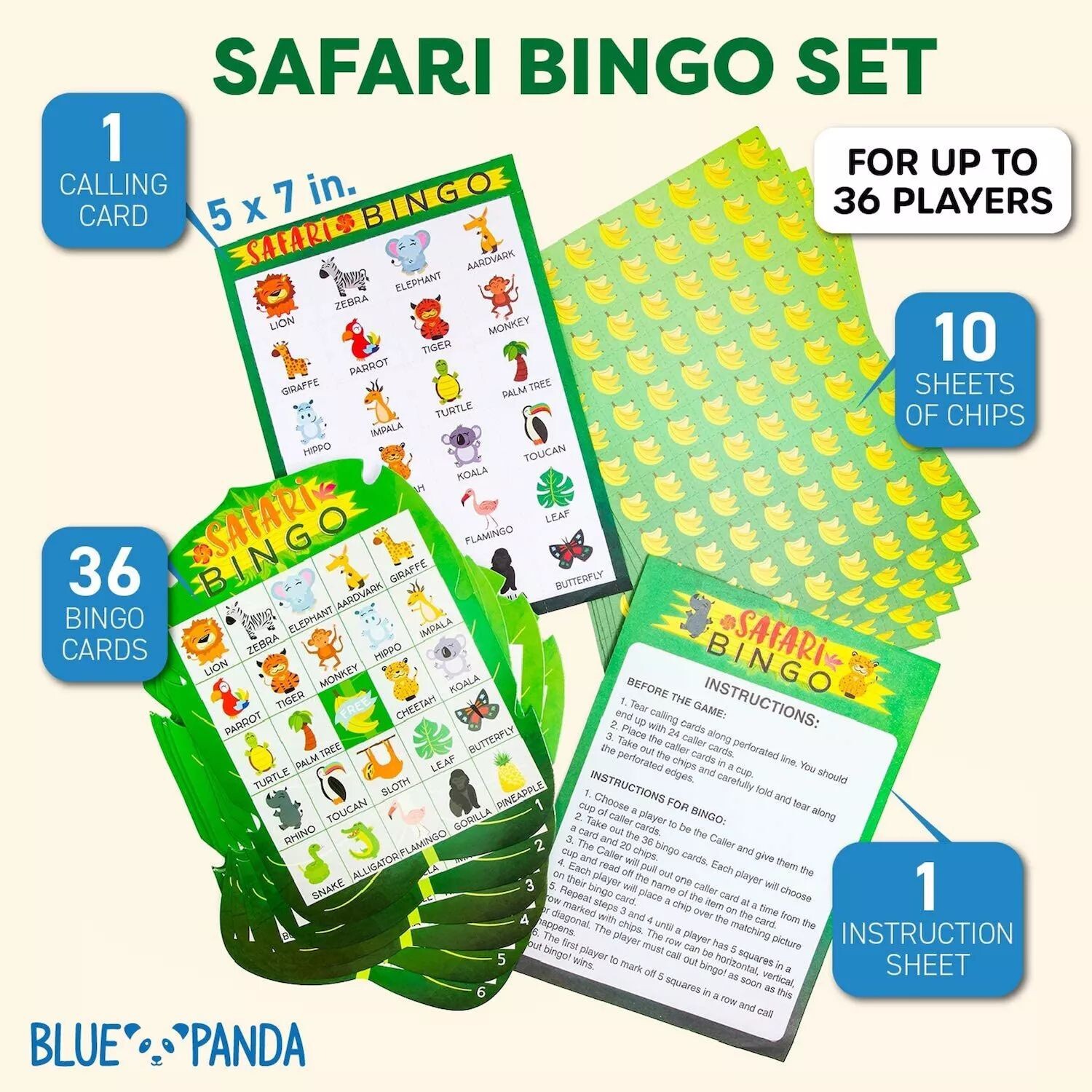 

Пакет из 36 игр Blue Panda Safari Bingo — игры для вечеринки в честь дня рождения на тему джунглей Blue Panda
