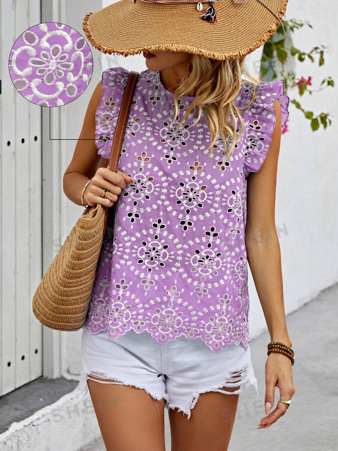 

SHEIN VCAY Женская блузка с вышивкой и летящими рукавами, фиолетовый