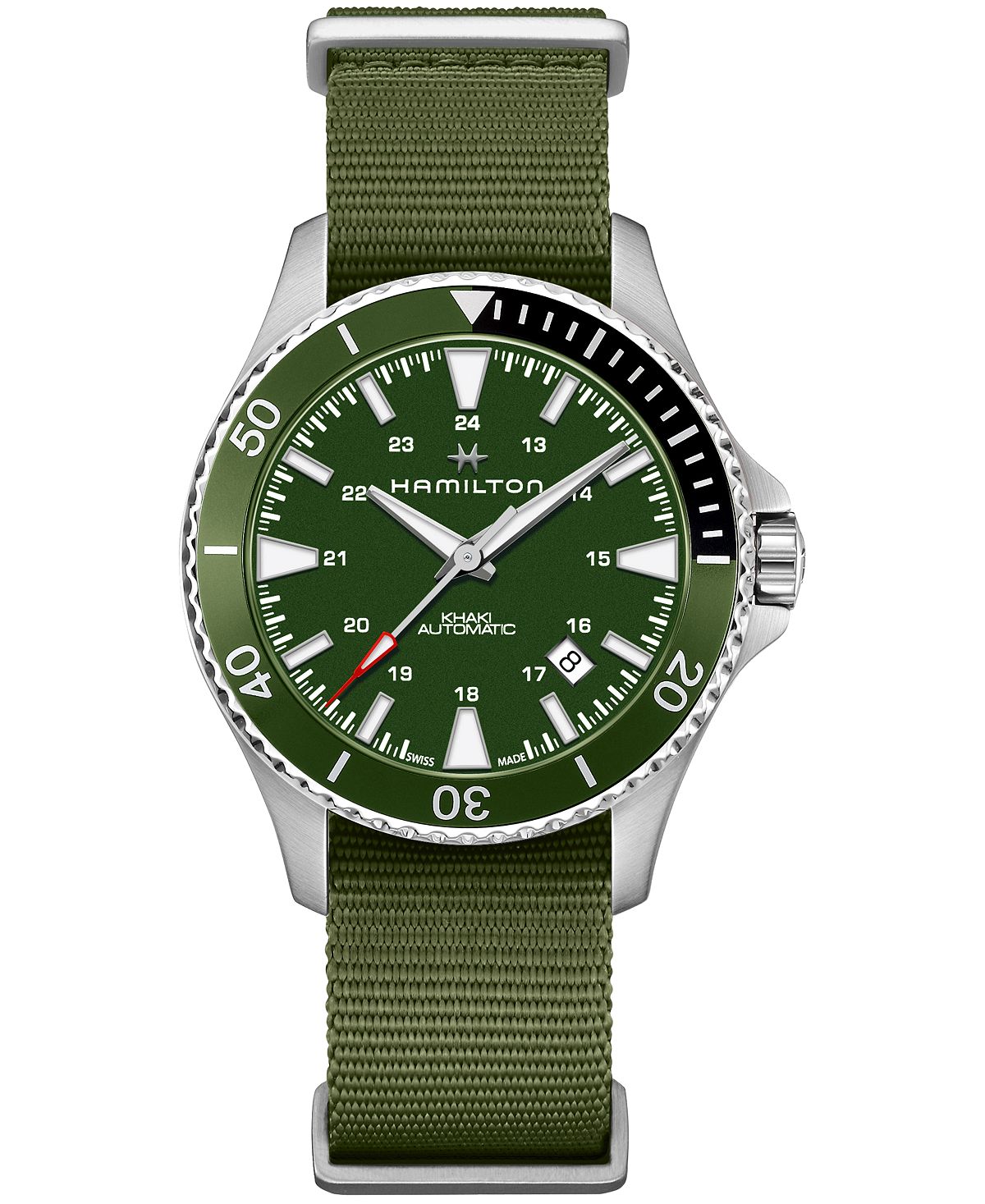 цена Унисекс Швейцарские автоматические часы Scuba Green Nato с ремешком 40 мм Hamilton