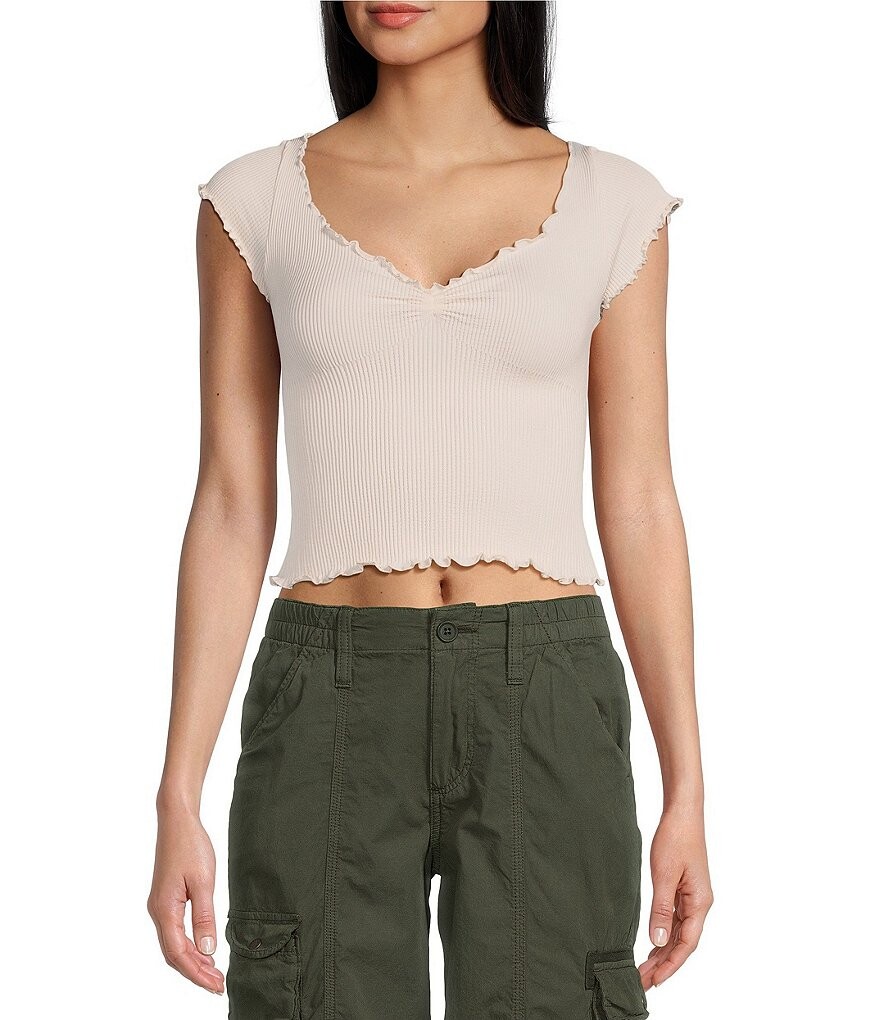

Укороченный топ с короткими рукавами и краями салата BDG Urban Outfitters Elsie, бежевый