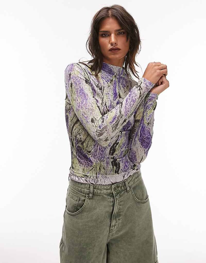 

Разноцветный топ с длинными рукавами и высоким воротником Topshop