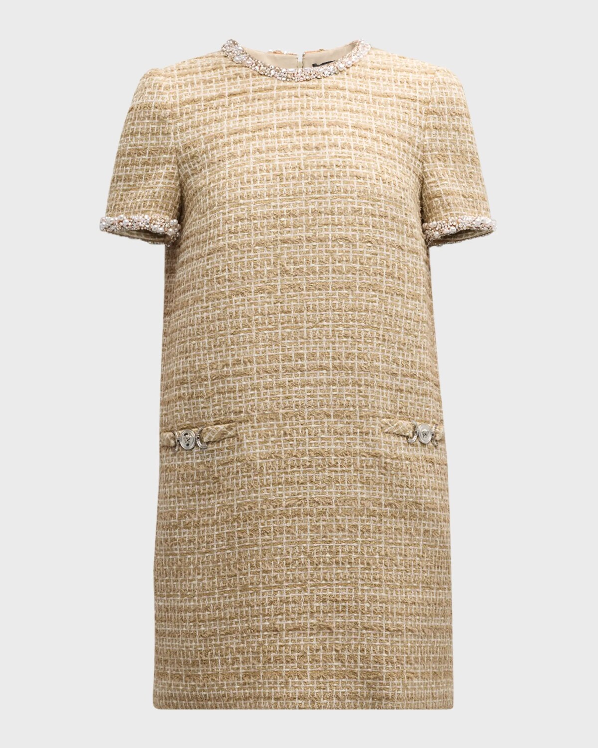 

Твидовое мини-платье с каймой из бисера Versace, цвет Taupe Ivory