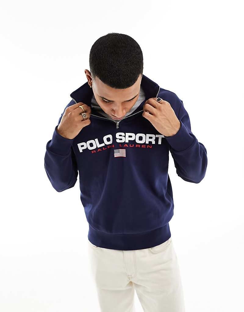 

Темно-синяя толстовка Polo Ralph Lauren Sport Capsule с логотипом в стиле ретро и полумолнией на половину длины