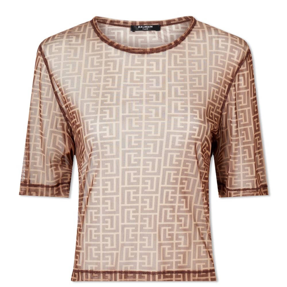 

Balmain Укороченная футболка из тюля с логотипом Allover Monogram, бежевый/коричневый