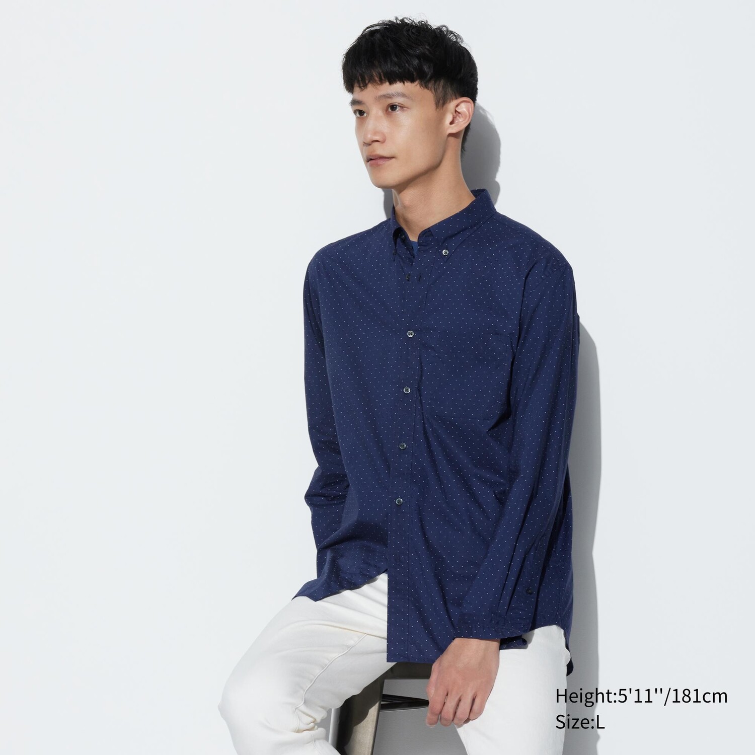 

Рубашка UNIQLO в горошек из тонкого хлопка с длинными рукавами, синий
