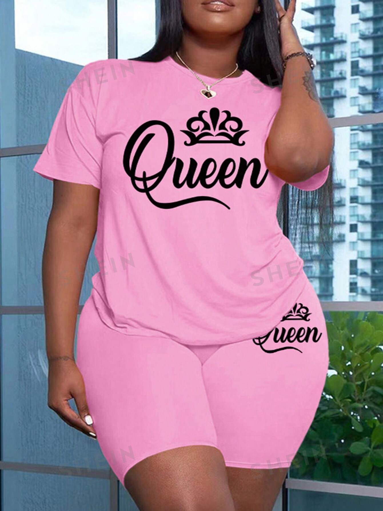 SHEIN Slayr - женский комплект из футболки и шорт с короткими рукавами и принтом короны и букв, розовый