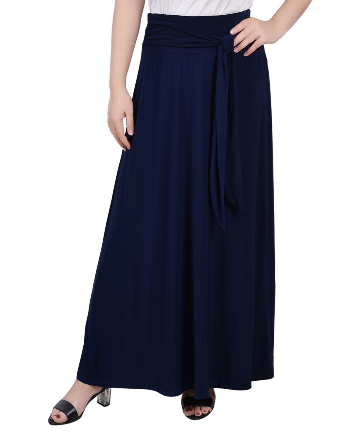 Миниатюрная однотонная длинная юбка с поясом на талии NY Collection, темно-синий миниатюрная длинная юбка с поясом на талии ny collection мульти
