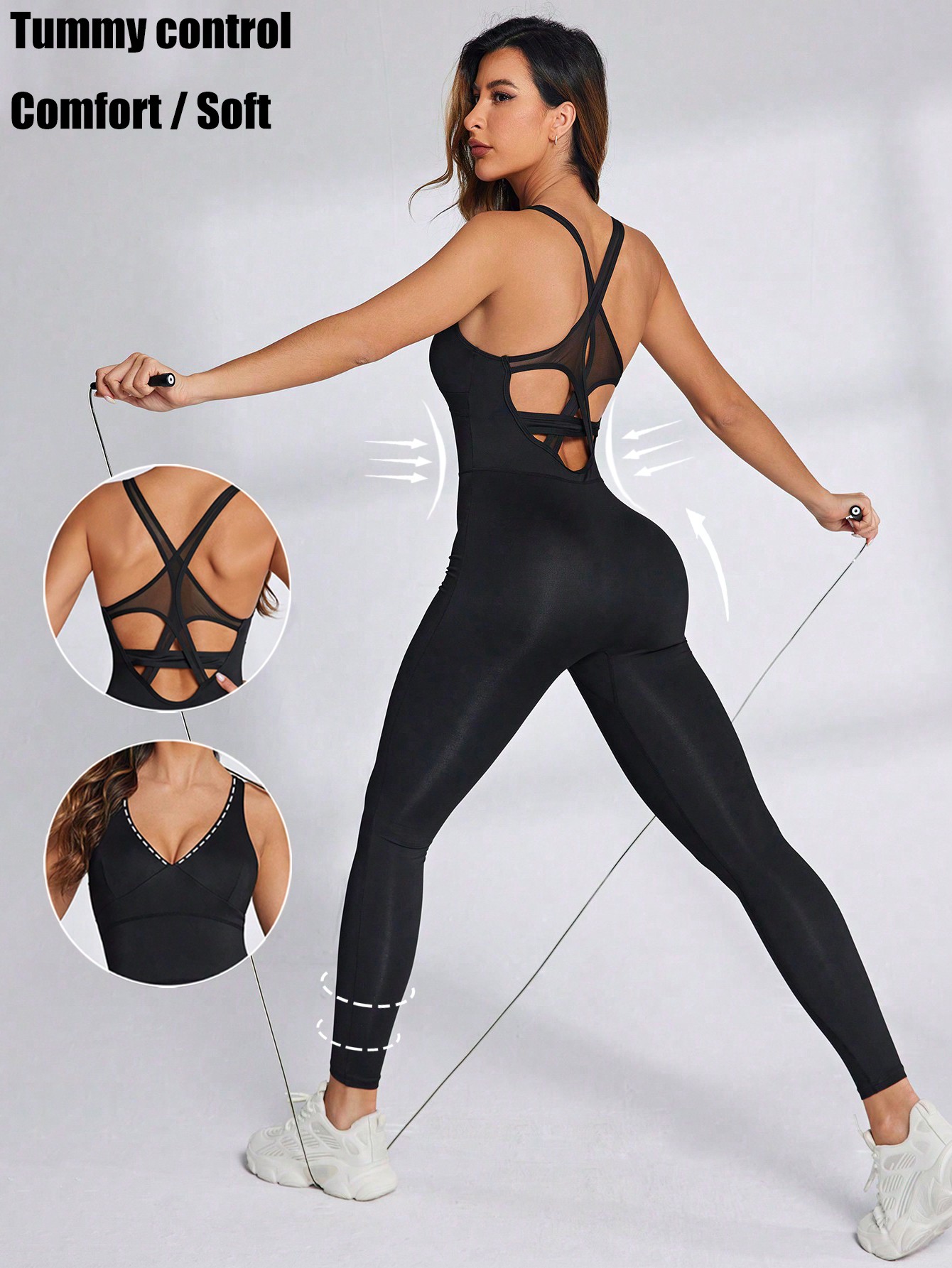женский спортивный комбинезон с открытой спиной черный Женский спортивный комбинезон со скрещенной спиной, черный