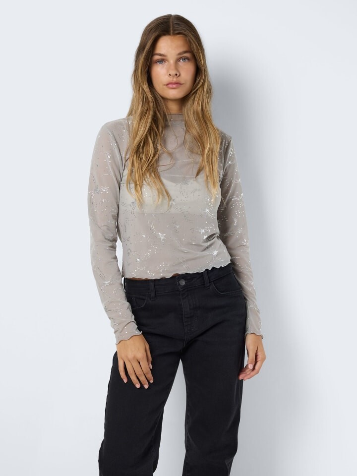 

Топ Noisy may Glitzer Effekt Langarm Regular Fit, серый
