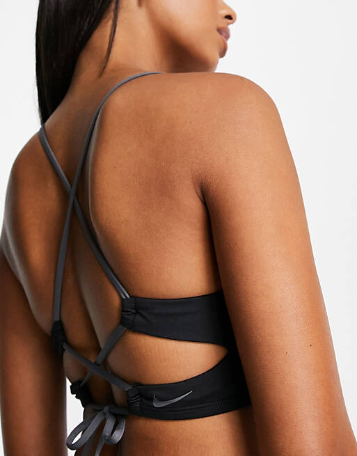 

Черный однотонный бикини-топ с воротником-бретелькой и шнуровкой Nike Swimming
