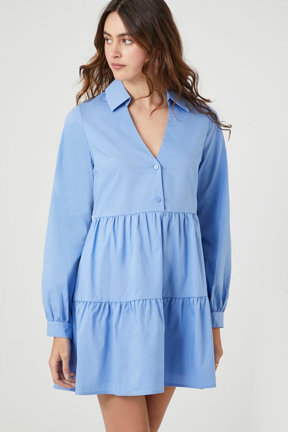 Многоярусное мини-платье-рубашка из поплина Forever 21, синий мини платье из твида с искусственными камнями forever 21 синий