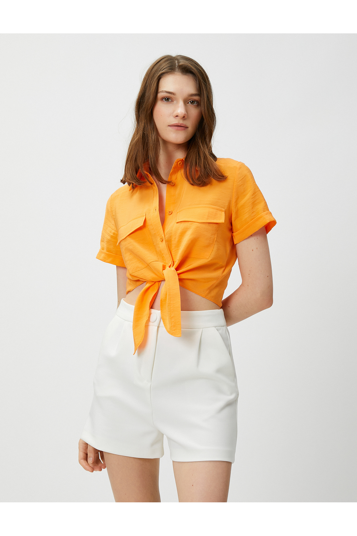 Однотонная оранжевая женская рубашка с воротником рубашки Koton, оранжевый