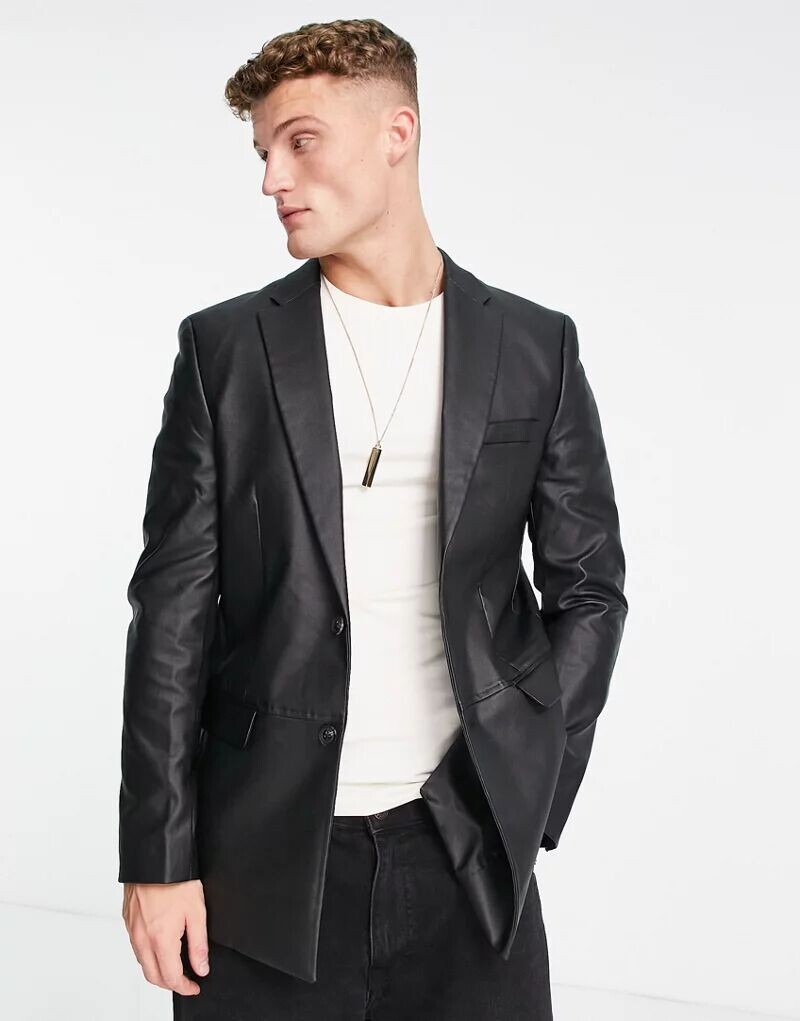 

Черный пиджак узкого кроя из искусственной кожи Topman на двух пуговицах