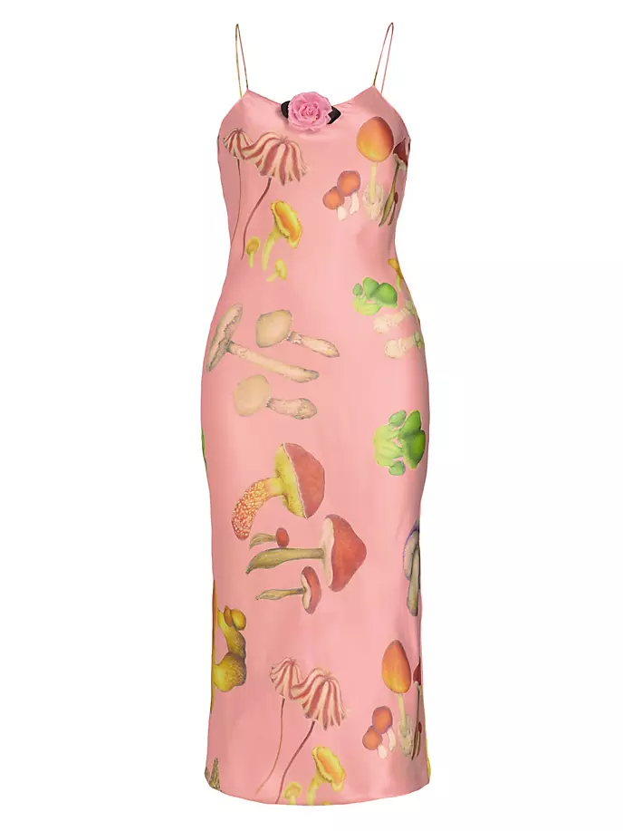 Шелковое платье-комбинация с грибным принтом Rodarte, розовый
