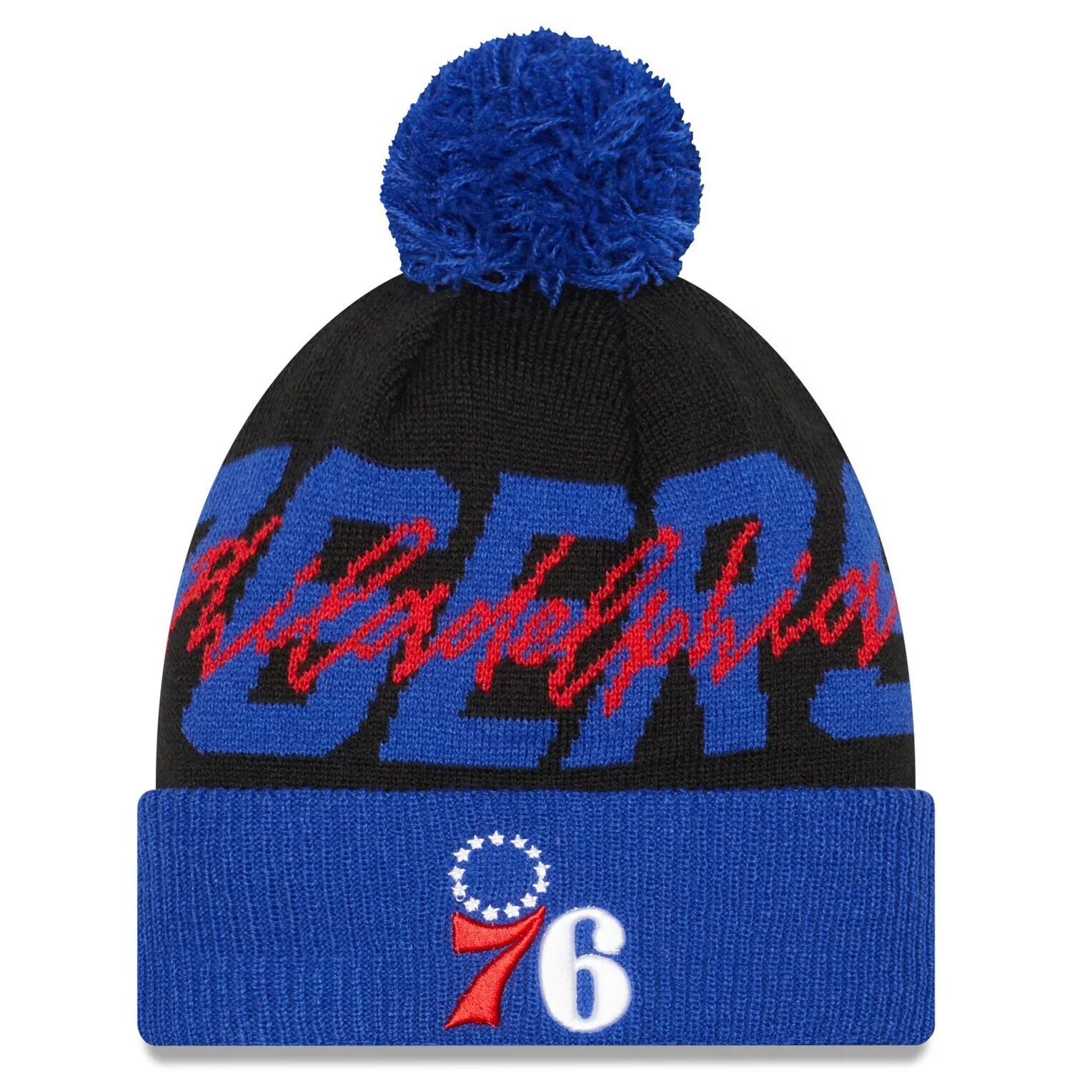 

Мужская вязаная шапка New Era Black/Royal Philadelphia 76ers Confident с манжетами и помпоном