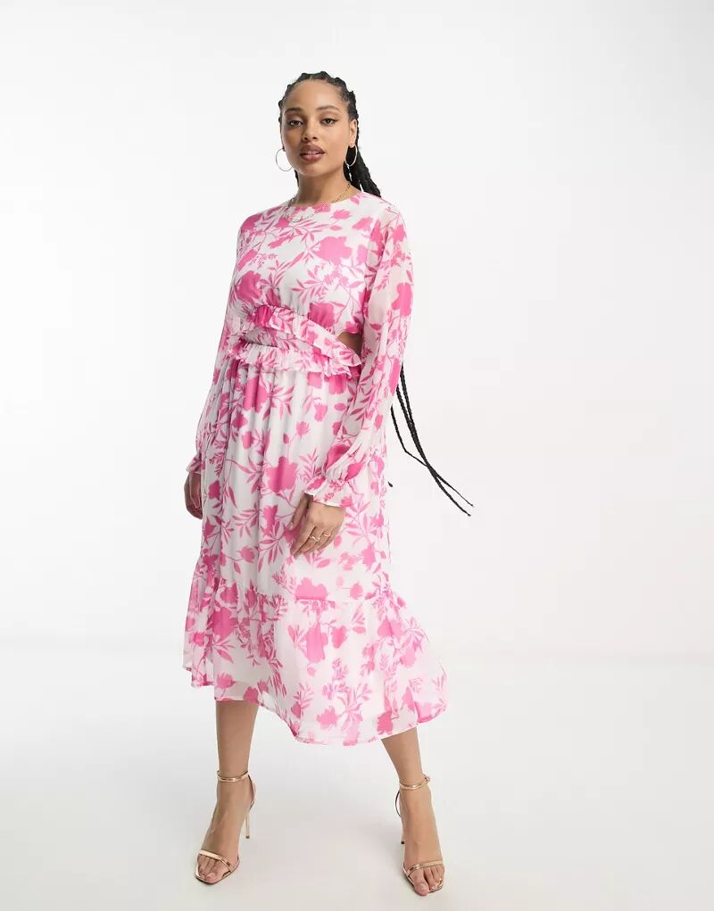 Шифоновое ярусное платье миди In The Style с розовым цветочным принтом the vintage cosmetic co shower cap pink floral satin 1 count