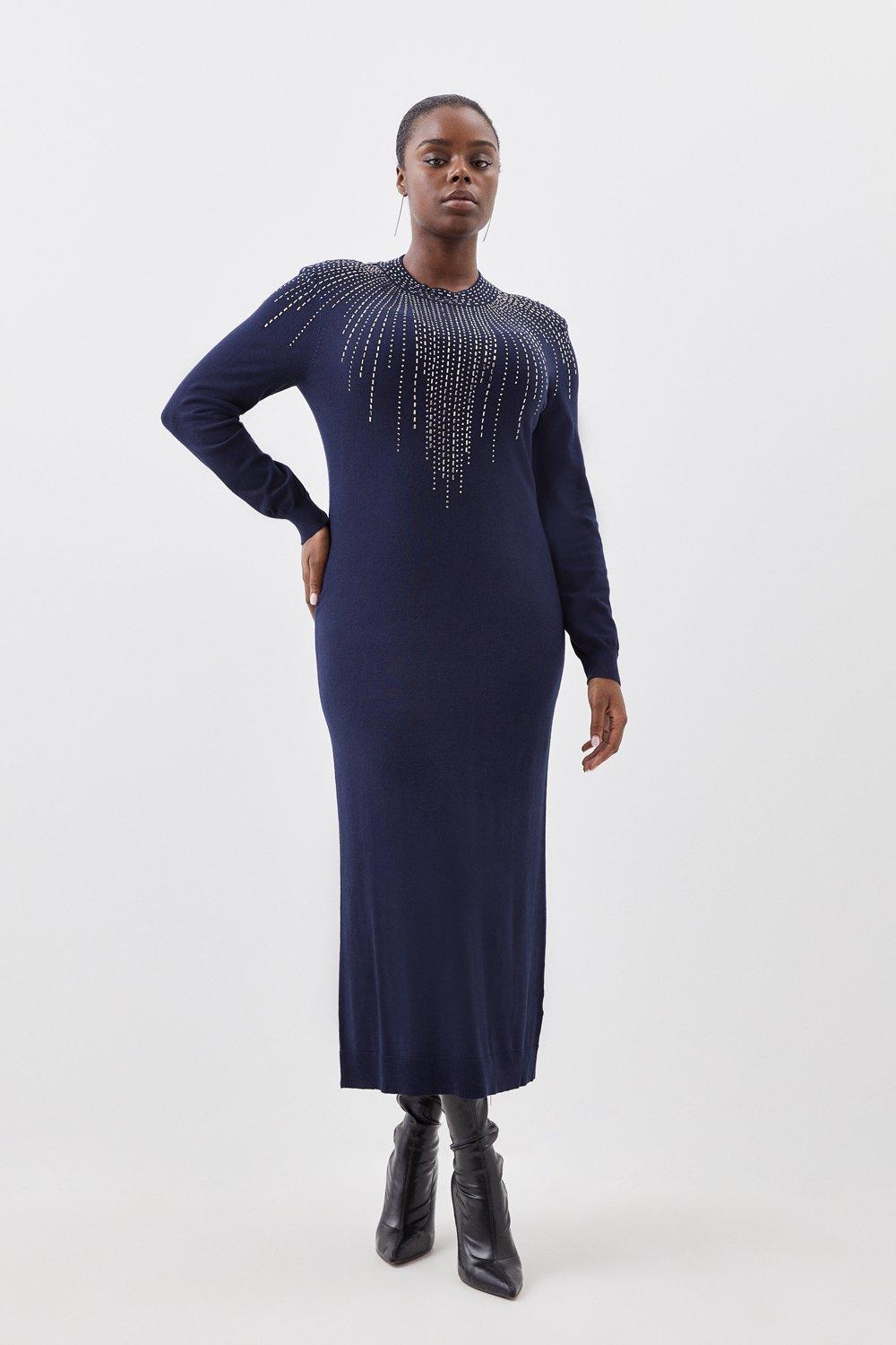 Трикотажное платье миди из смесовой вискозы больших размеров с украшением Karen Millen, темно-синий полосатый вязаный джемпер из смесовой вискозы karen millen темно синий