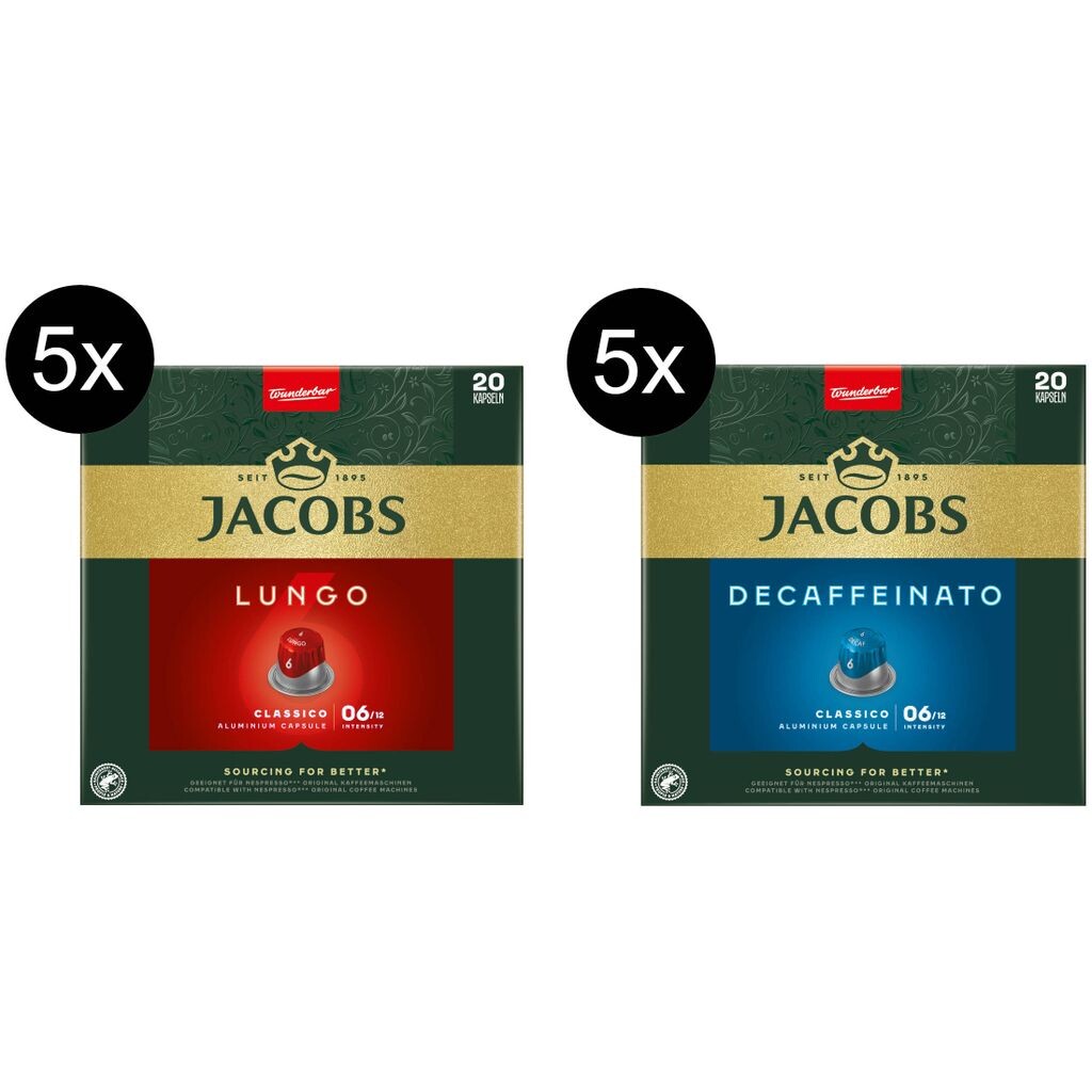 

Капсулы JACOBS Lungo 6 Classico и Decaffeinato по 6 шт., совместимы с 100 Nespresso*