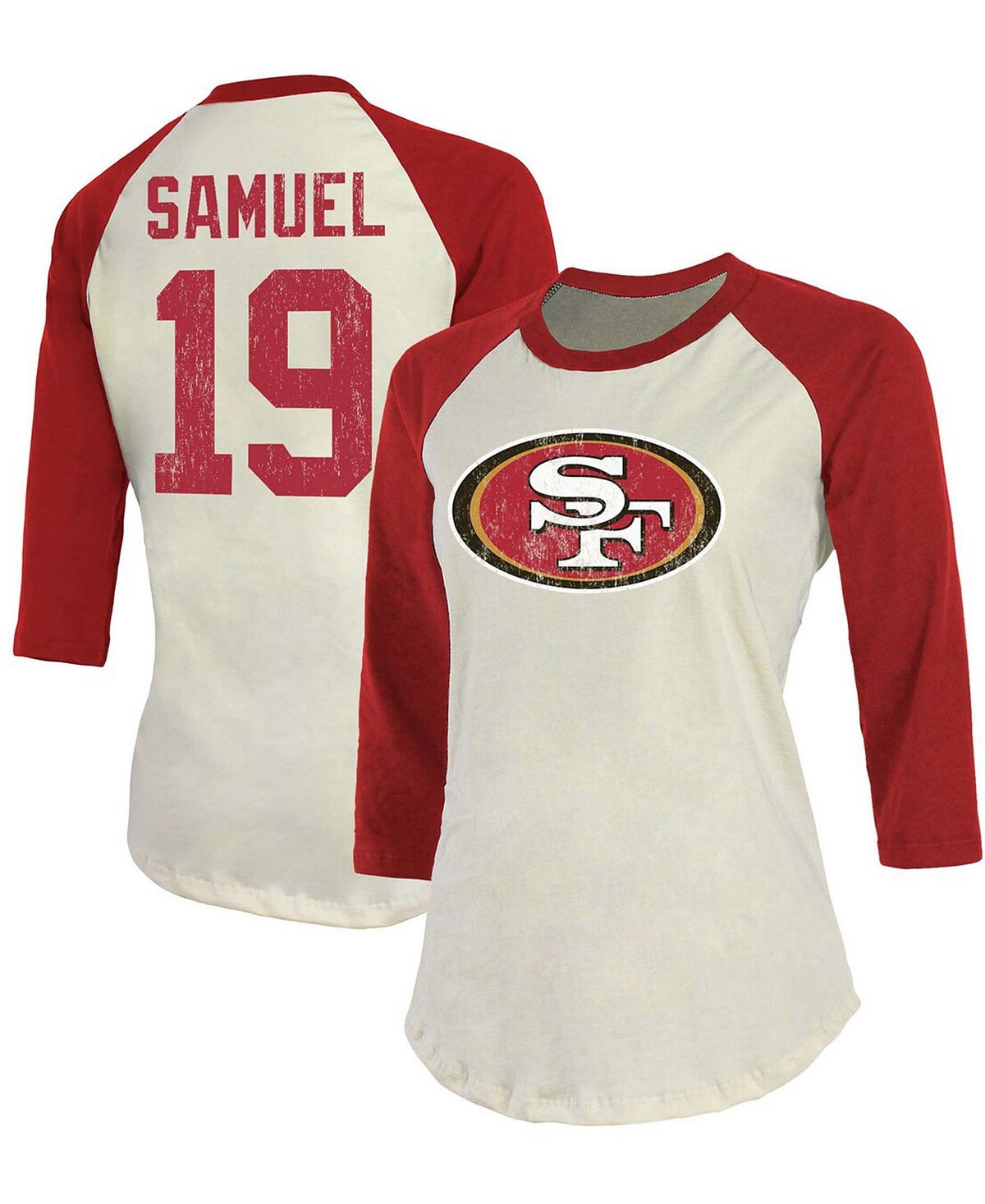 

Женская футболка Deebo Samuel Cream, Scarlet San Francisco 49Ers Player реглан, имя, номер, рукав 3/4 Fanatics