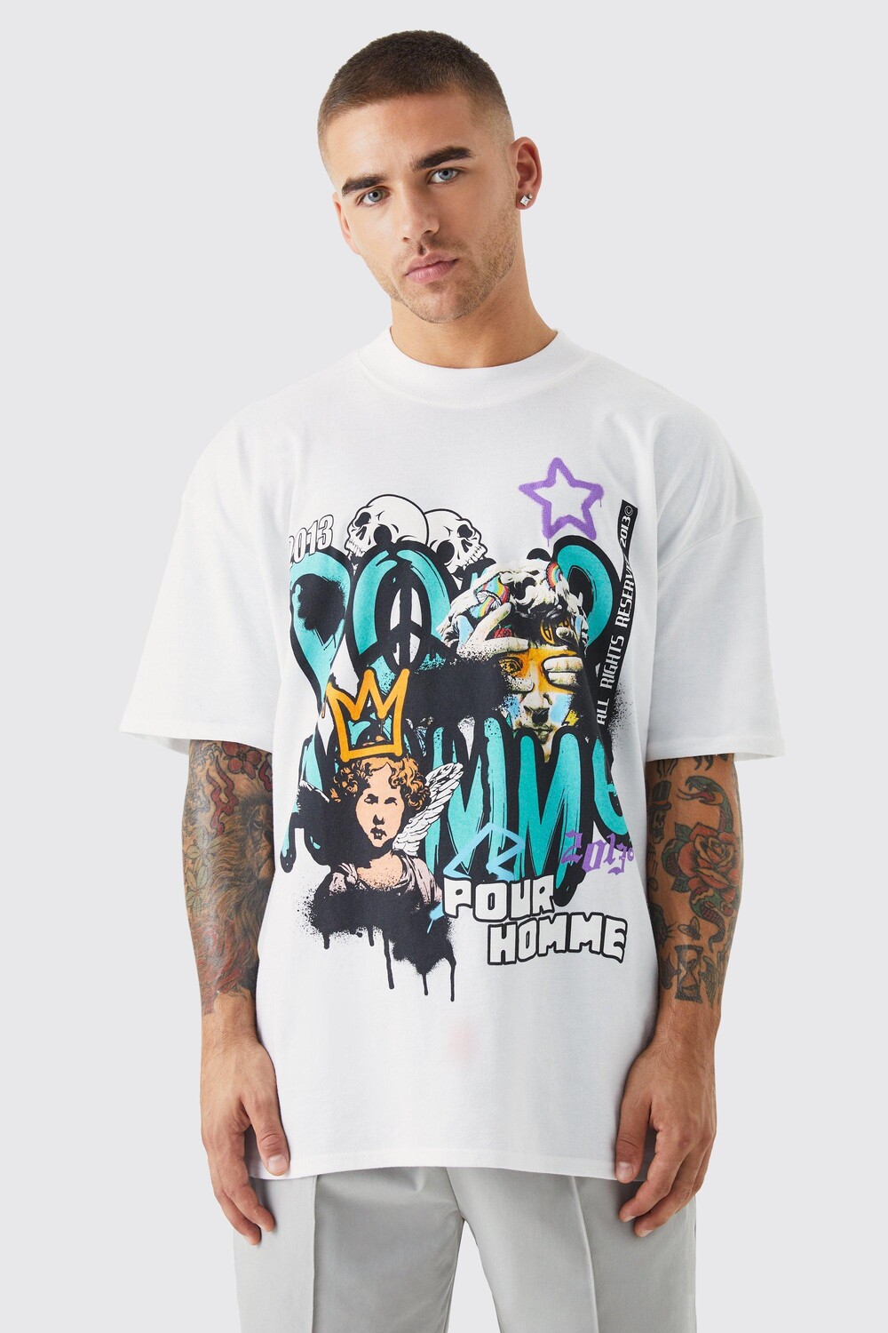 

Футболка оверсайз pour homme с графикой Boohoo, белый