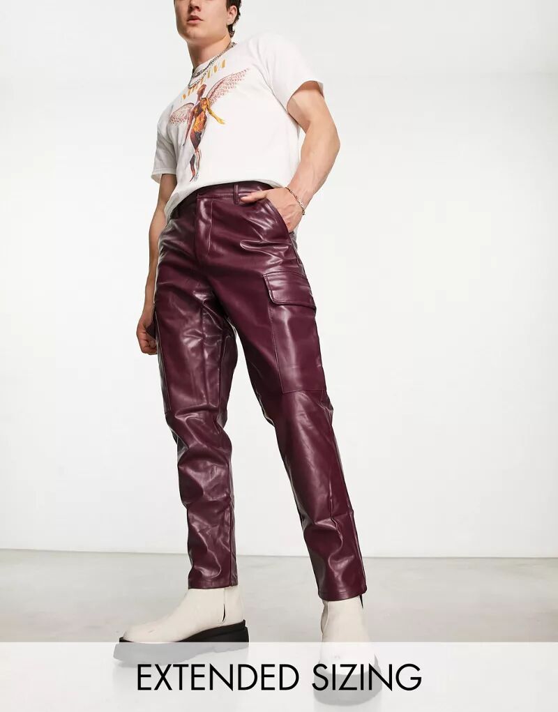 Бордовые зауженные брюки карго из искусственной кожи ASOS - BURGUNDY