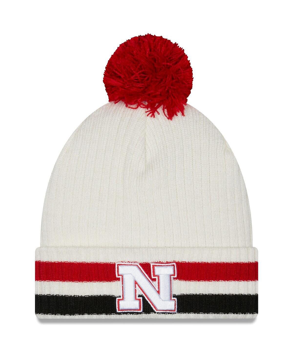 

Мужская белая вязаная шапка в стиле ретро Nebraska Huskers с манжетами и помпоном New Era