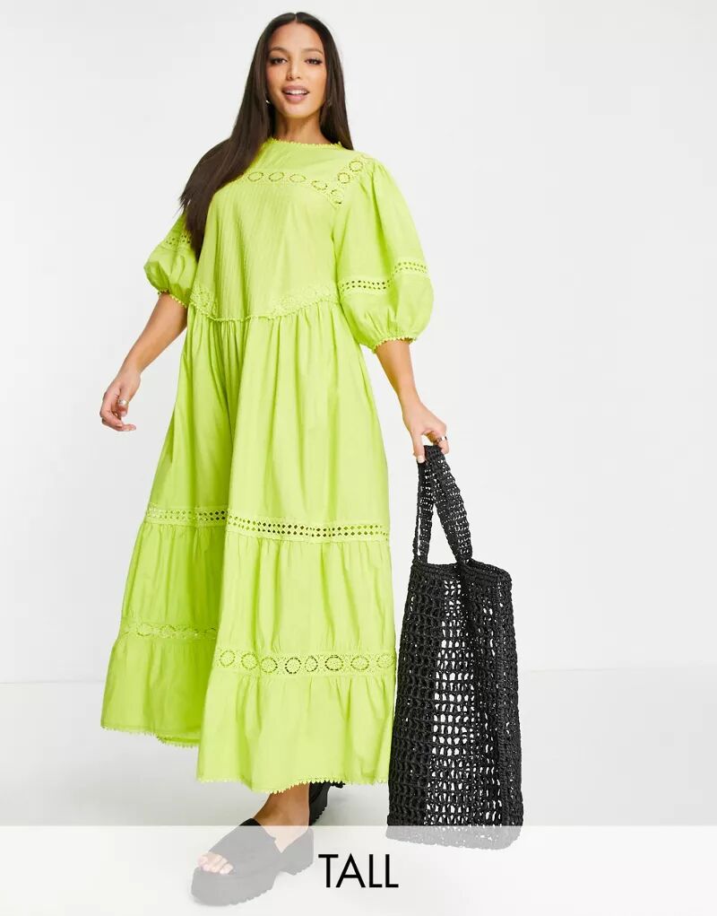 Желто-зеленое платье макси оверсайз из английской вышивки Topshop