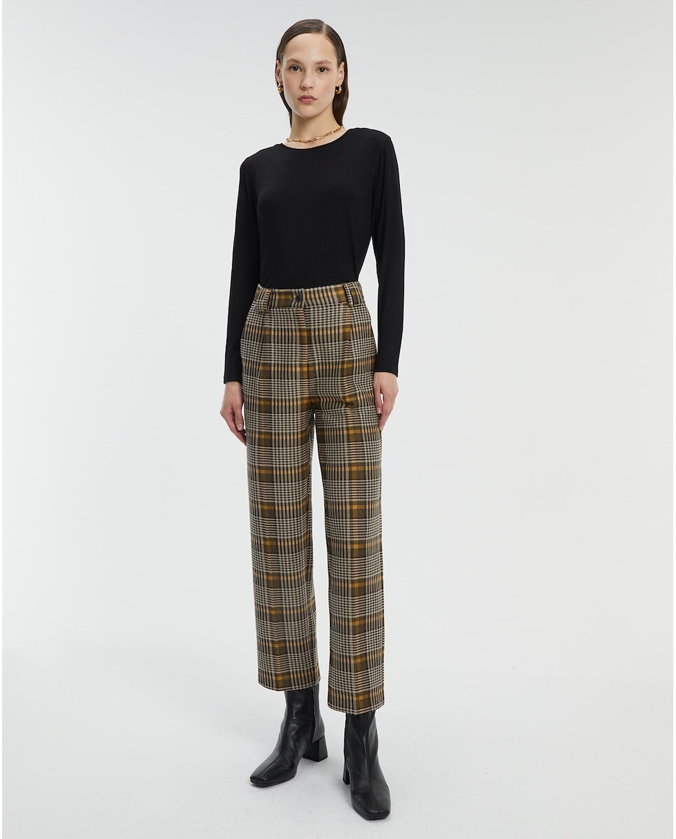 

Женские прямые брюки в клетку с эластичной резинкой на талии Andam, горчичный, Желтый