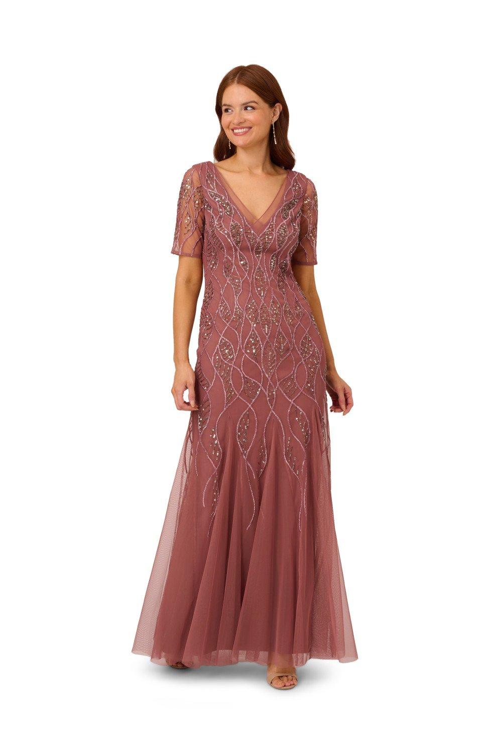 Расшитое бисером платье Adrianna Papell, фиолетовый платье укороченное с v образным вырезом и рукавами 34 xs красный