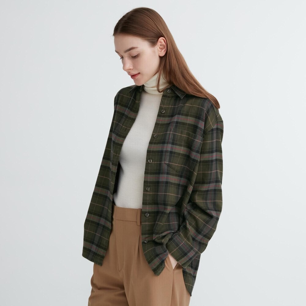 

Рубашка Uniqlo фланелевая тонкая с длинными рукавами, темно-зеленый