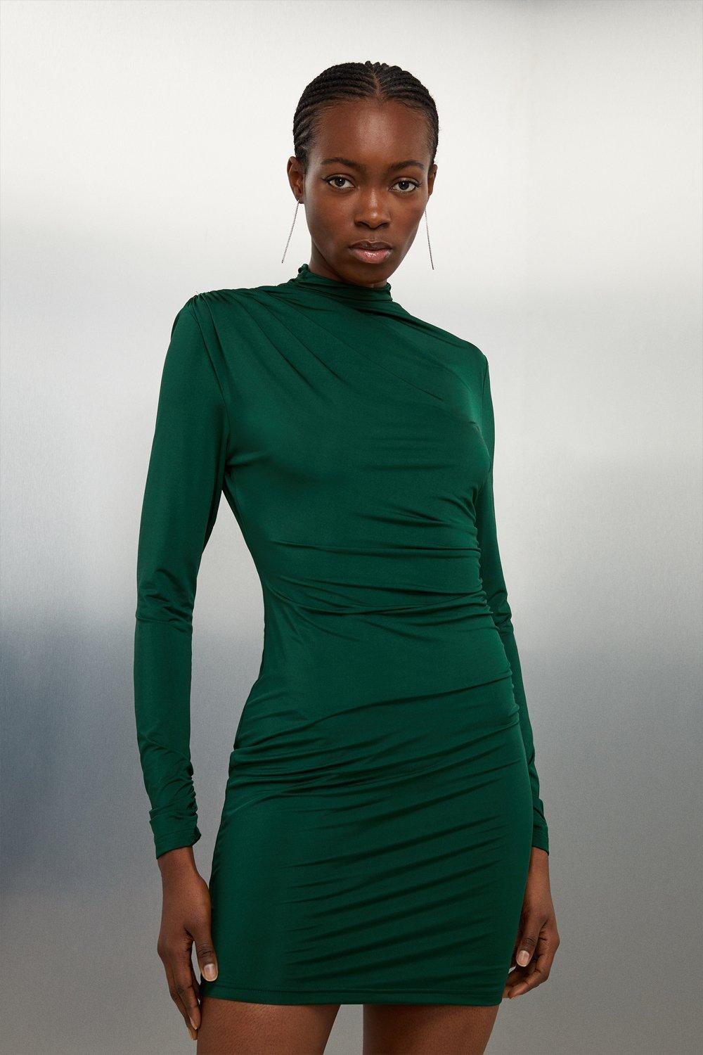 Мини-платье из джерси-крепа со сборками и длинными рукавами Karen Millen, зеленый