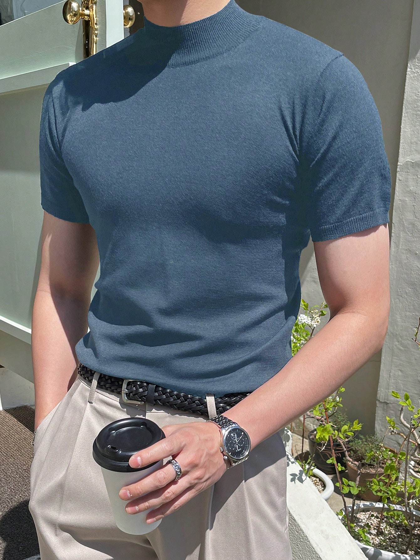 DAZY Мужская однотонная трикотажная рубашка с короткими рукавами и воротником-стойкой, пыльный синий
