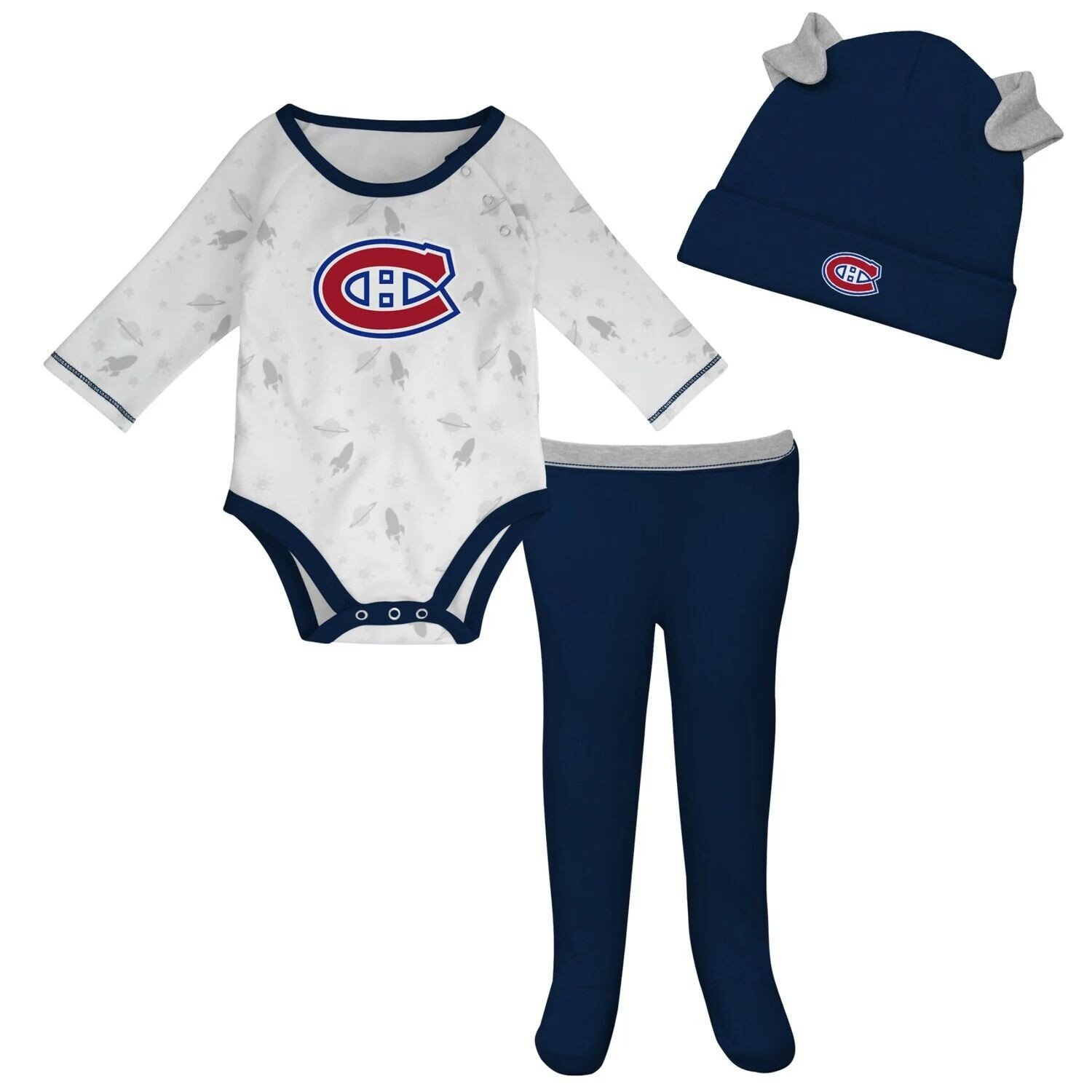 

Белый/синий комплект для новорожденных и младенцев Montreal Canadiens Dream Team Hat, брюки и боди Outerstuff