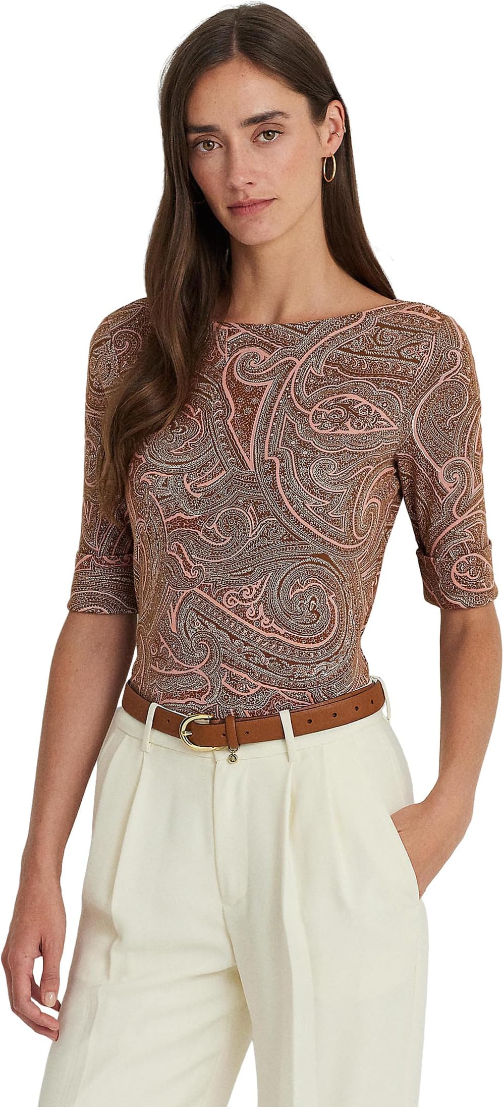 

Футболка LAUREN Ralph Lauren Paisley Stretch Cotton Boatneck Tee, цвет Tan/Cream/Pink