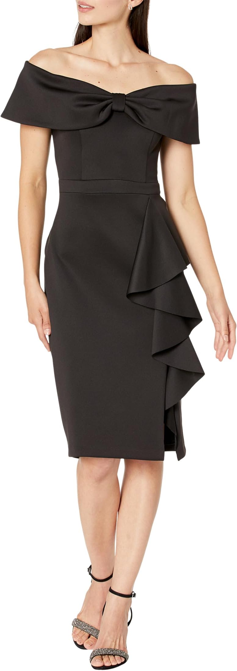 Платье Off-the-Shoulder Bow Short Scuba with Ruffle XSCAPE, черный